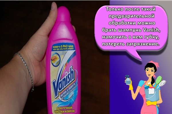 Только после такой предварительной обработки можно брать шампунь Vanish, намочить в нем губку, потереть загрязнение.