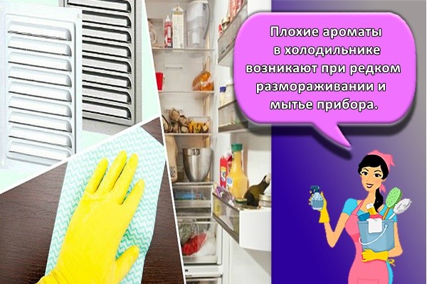 Плохие ароматы в холодильнике возникают при редком размораживании и мытье прибора.