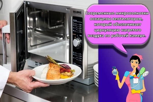 Современные микроволновки оснащены вентилятором, который обеспечивает циркуляцию нагретого воздуха по рабочей камере.