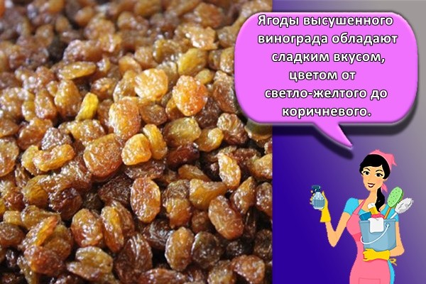 Ягоды высушенного винограда обладают сладким вкусом, цветом от светло-желтого до коричневого.