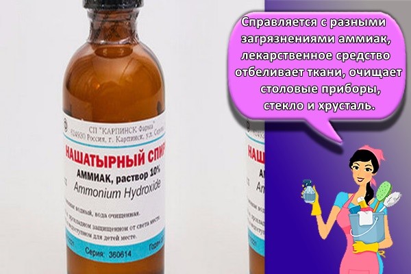 Справляется с разными загрязнениями аммиак, лекарственное средство отбеливает ткани, очищает столовые приборы, стекло и хрусталь.