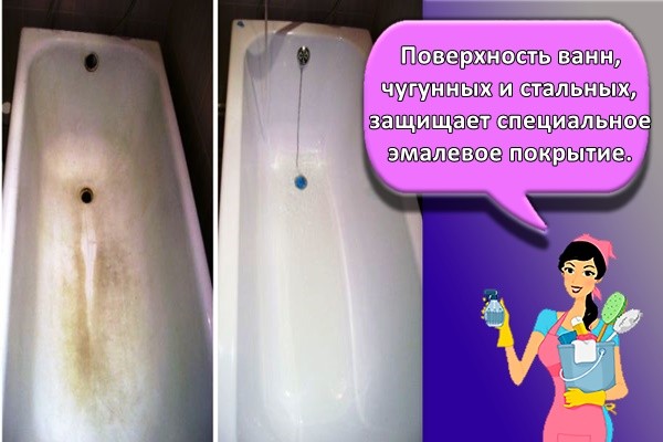 Поверхность ванн, чугунных и стальных, защищает специальное эмалевое покрытие.