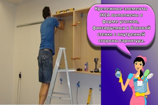 Крепежные элементы IKEA выполнены в форме уголков, фиксируемых к боковой стенке с внутренней стороны гарнитура.