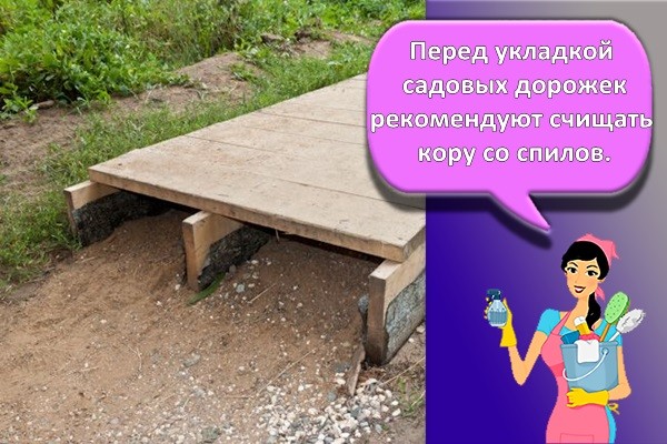 Перед укладкой садовых дорожек рекомендуют счищать кору со спилов.