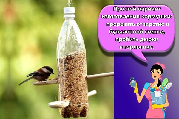 Простой вариант изготовления кормушки: прорезать отверстие в бутылочной стенке, пробить дырки в горлышке