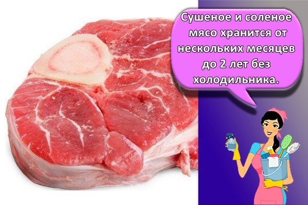 Сушеное и соленое мясо хранится от нескольких месяцев до 2 лет без холодильника.