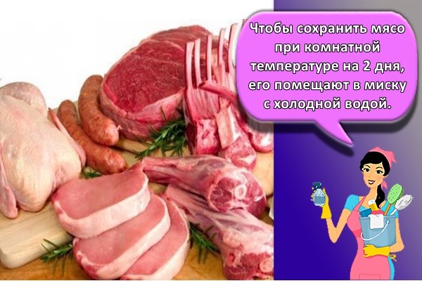 Чтобы сохранить мясо при комнатной температуре на 2 дня, его помещают в миску с холодной водой.