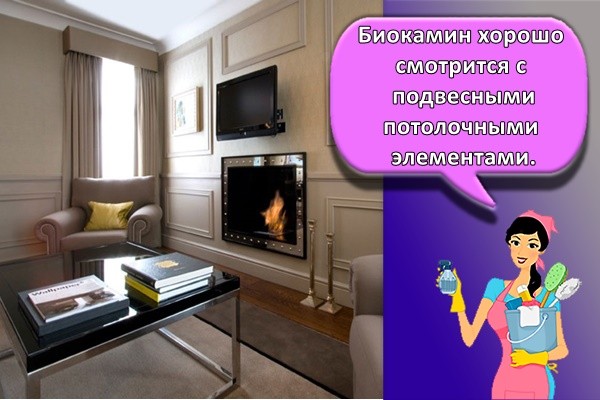 Биокамин хорошо смотрится с подвесными потолочными элементами.