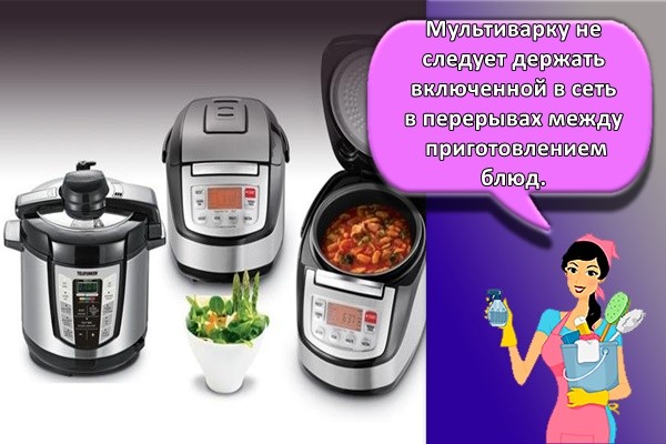 Мультиварку не следует держать включенной в сеть в перерывах между приготовлением блюд.