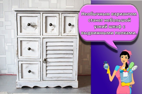 Необычным вариантом станет небольшой узкий шкаф с выдвижными полками.