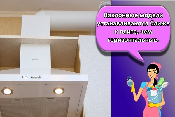 Наклонные модели устанавливаются ближе к плите, чем горизонтальные.