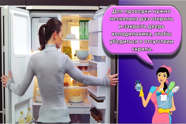 Для проверки нужно несколько раз открыть и закрыть дверь холодильника, чтобы убедиться в отсутствии скрипа.