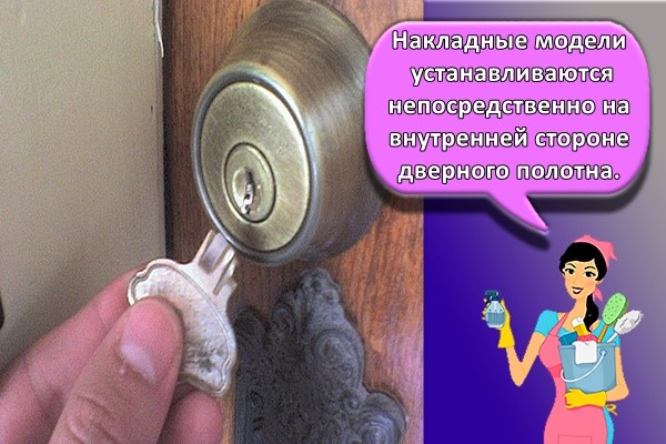 Накладные модели устанавливаются непосредственно на внутренней стороне дверного полотна.