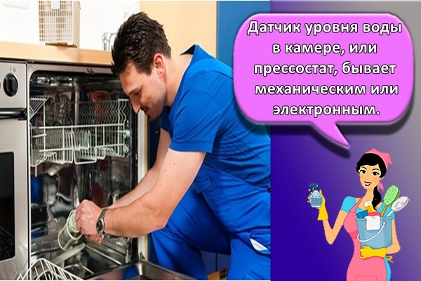 Датчик уровня воды в камере, или прессостат, бывает механическим или электронным.