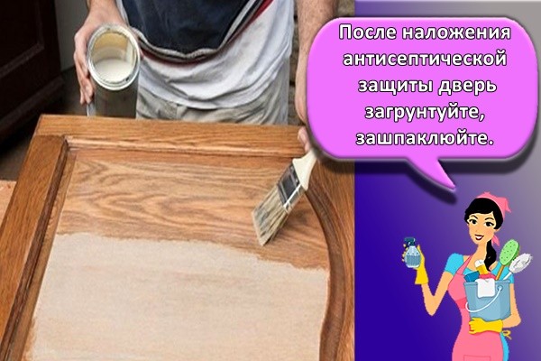 После наложения антисептической защиты дверь загрунтуйте, зашпаклюйте.