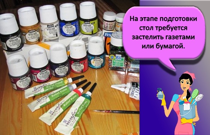 На этапе подготовки стол требуется застелить газетами или бумагой.